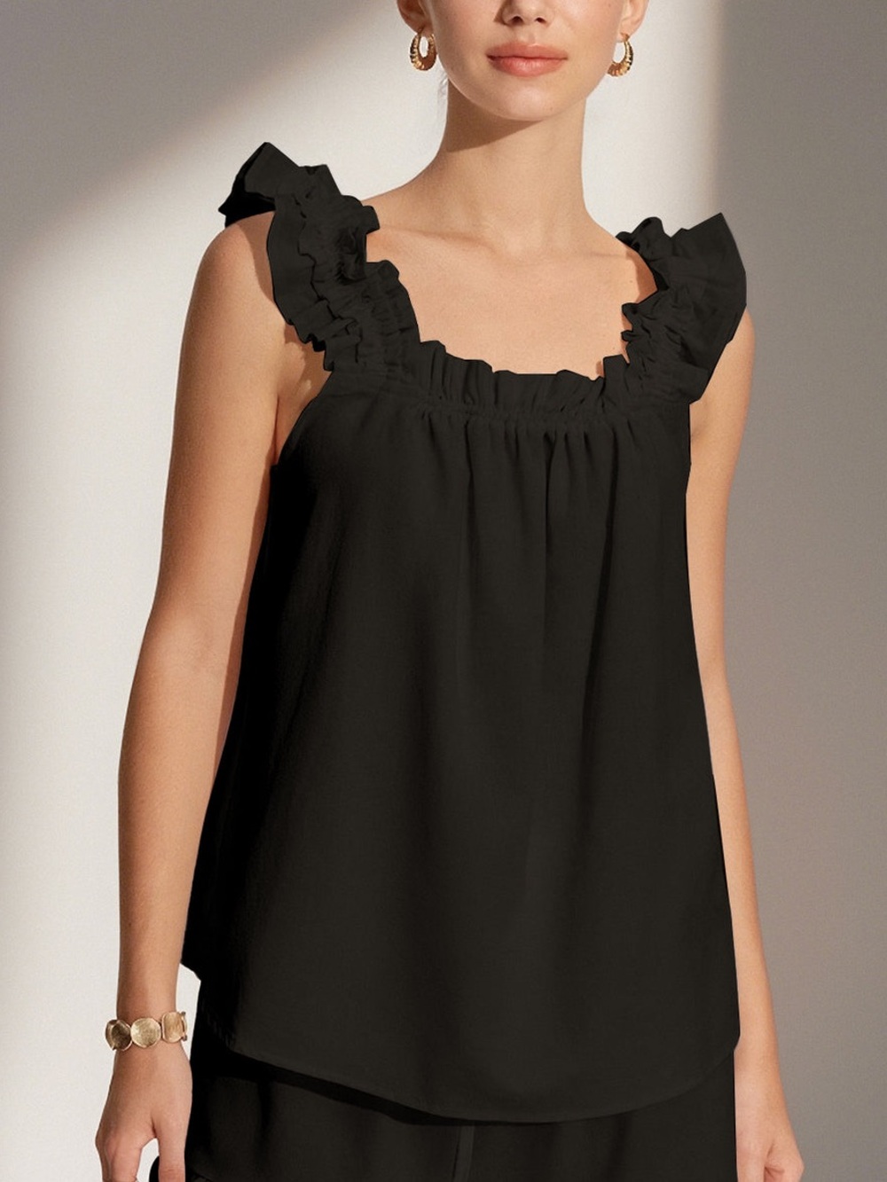 Commense Black Ruffle Strap 100% Cotton Tank Top, Size Small